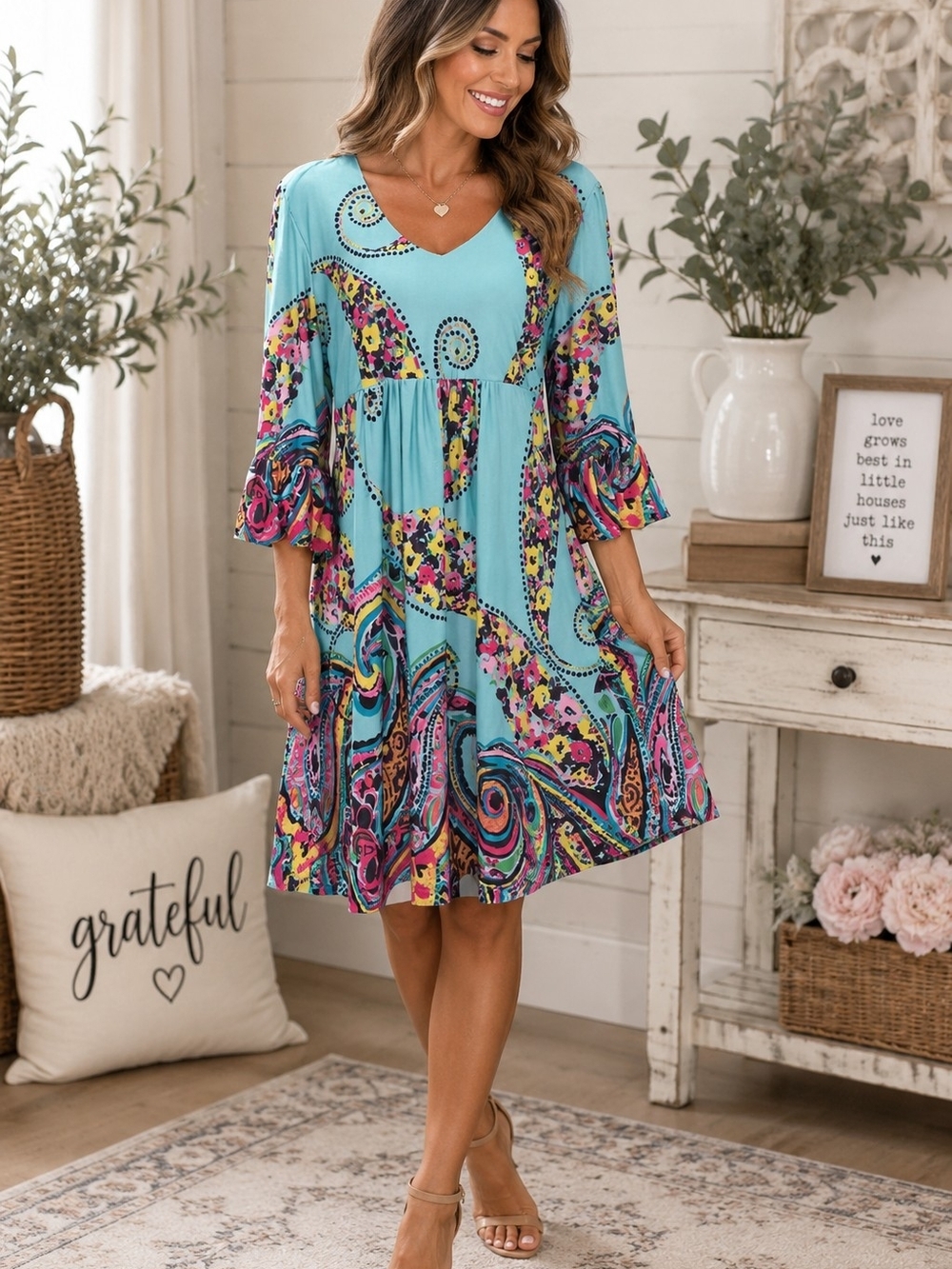 Reborn Medium Boho Paisley Dress Aqua Blue Bell Sleeve Babydoll Floral Festival